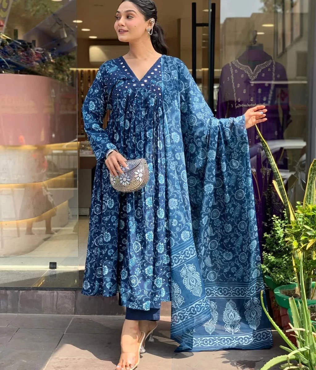 Flared Cotton Mirror Work Suit Set
