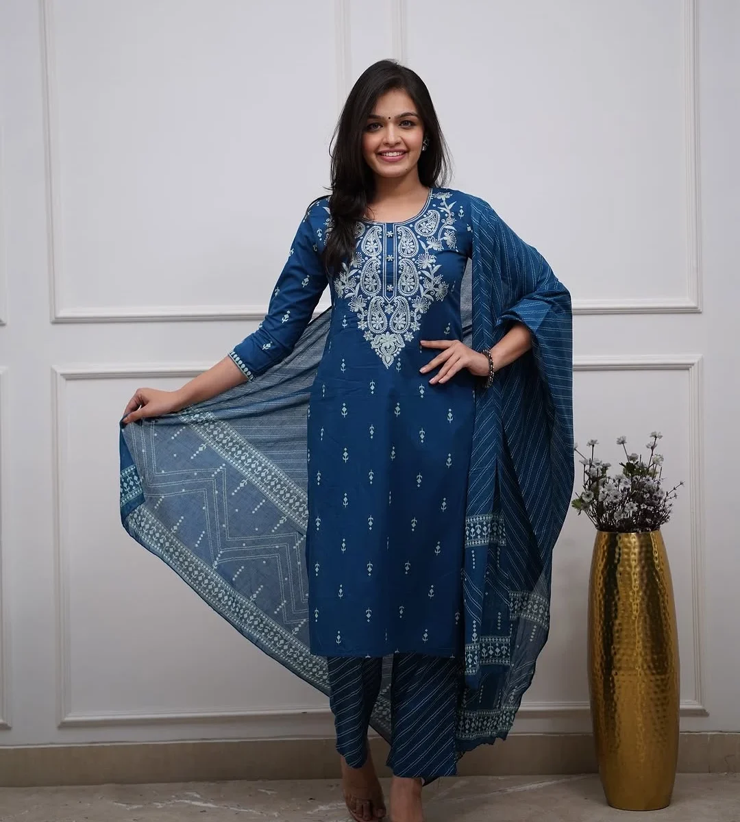 Cotton Blue Suit Set For Women