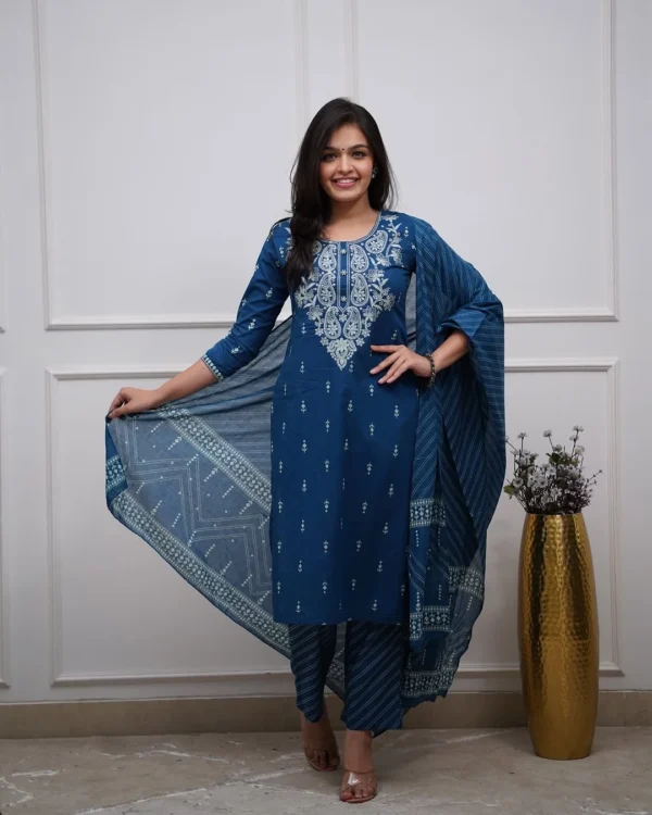 Cotton Blue Suit Set For Women