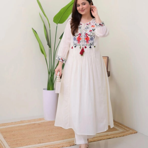 Flared White Cotton Kurti Pant Set