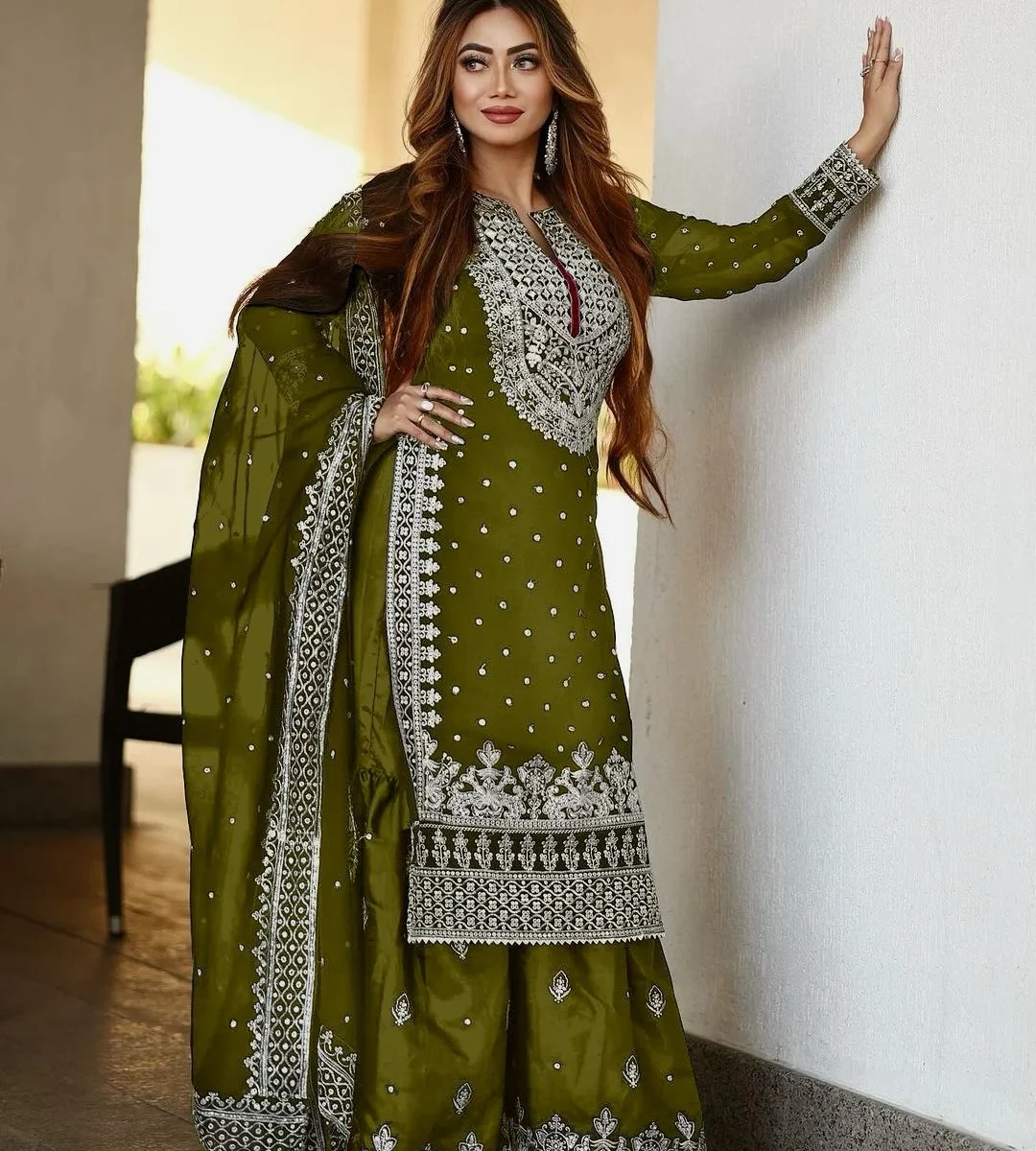 Green Party Wear Sharara Suit Set