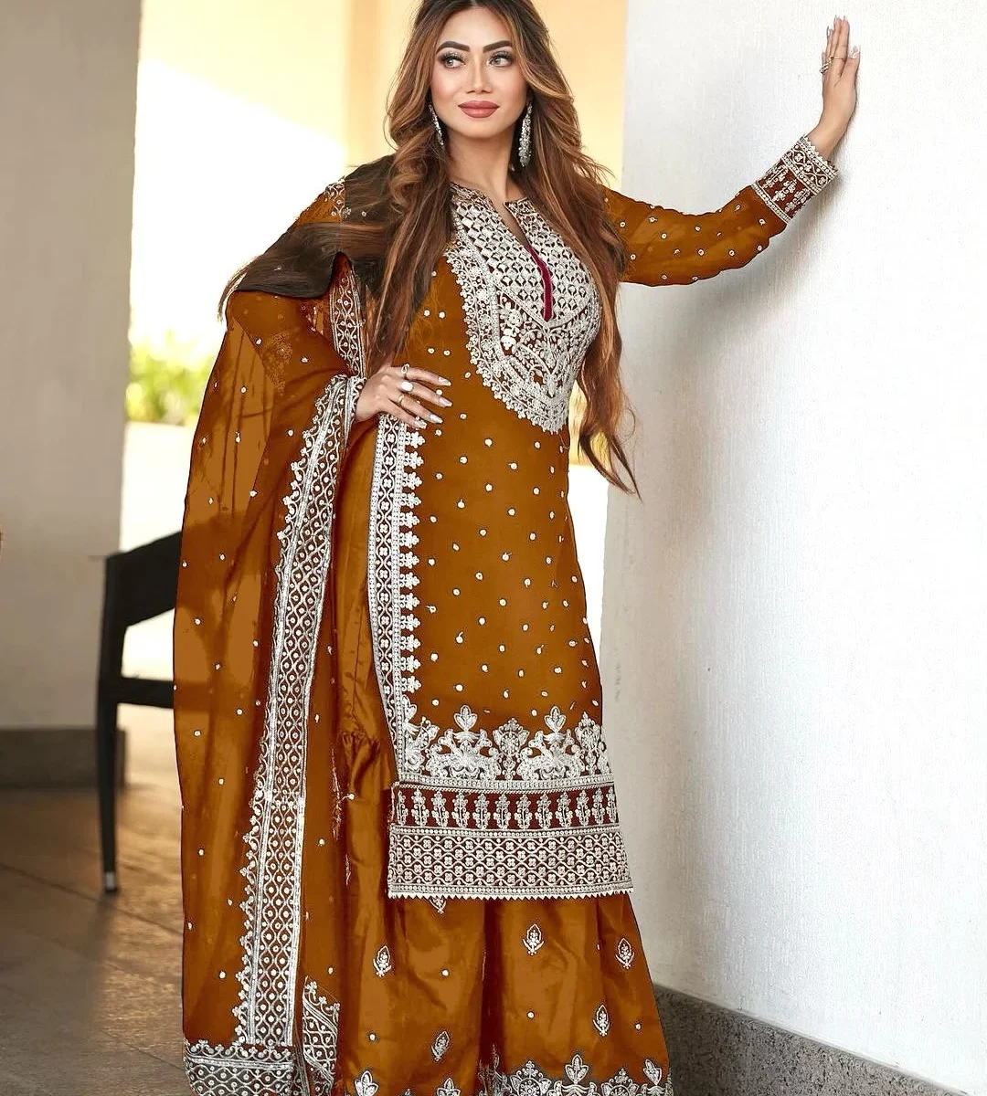 Brown Georgette Party Wear Suit Set