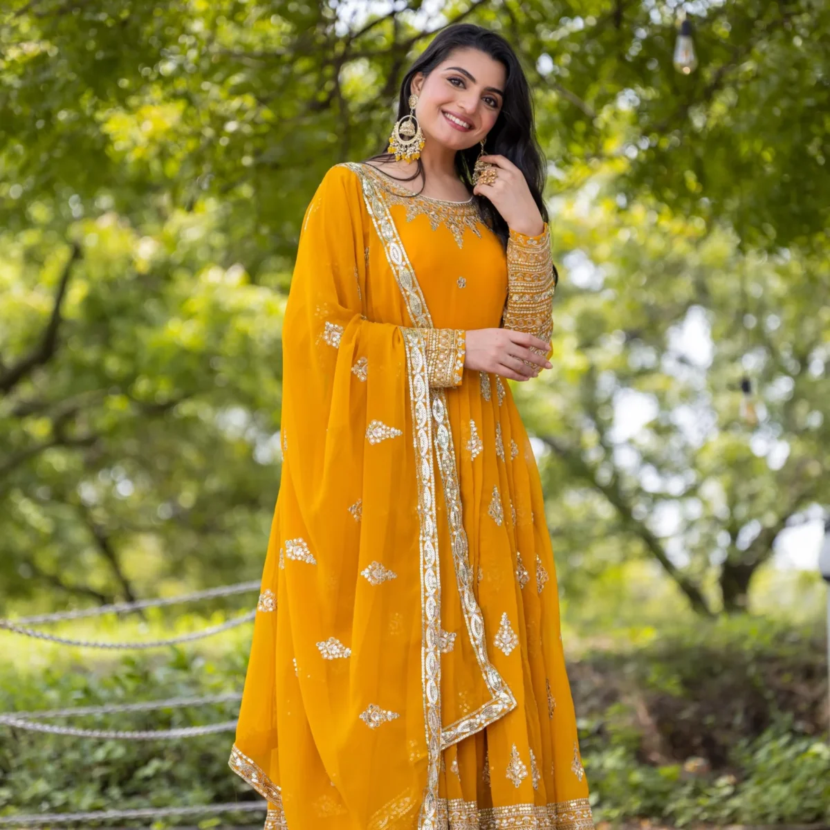 Flared Party Wear Yellow Suit Set