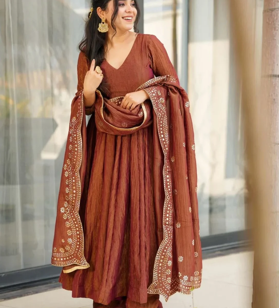 Brown Party Wear Silk Suit Set