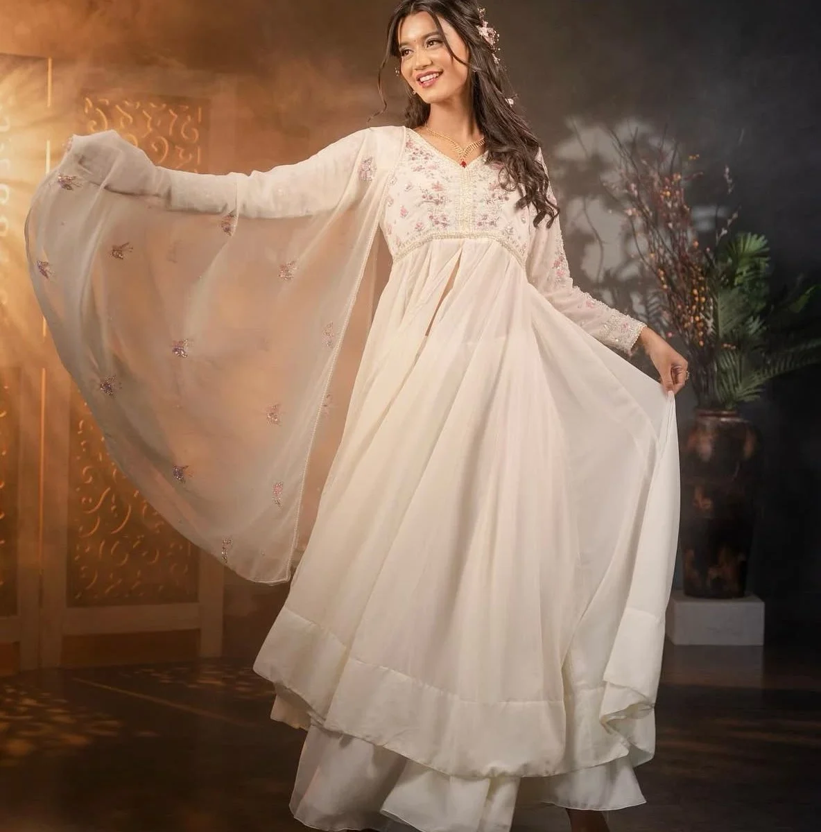 Georgette Party Wear White Kurti Palazzo Set