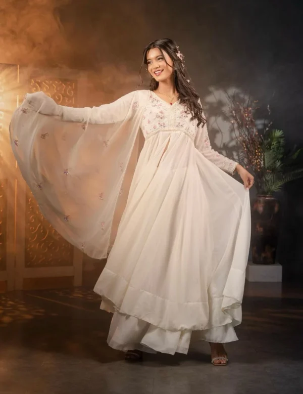 Georgette Party Wear White Kurti Palazzo Set