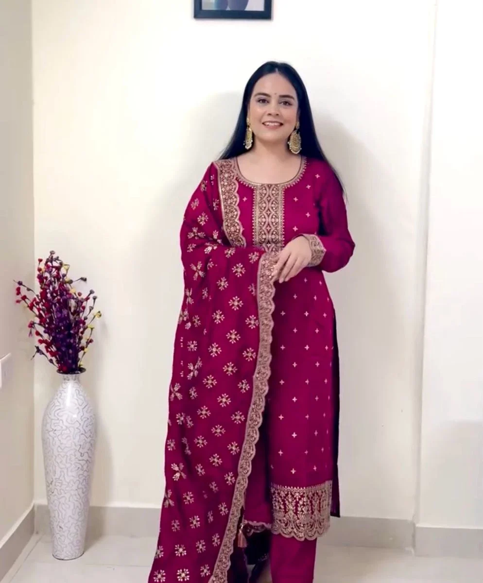 Vichitra Silk Maroon Party Wear Suit Set