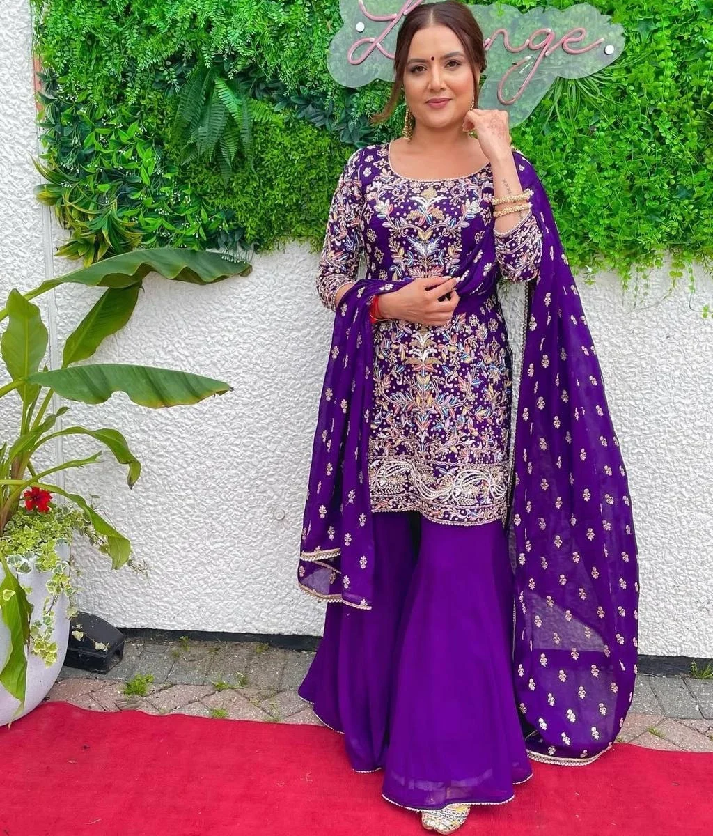 Party Wear Purple Suit With Palazzo Set