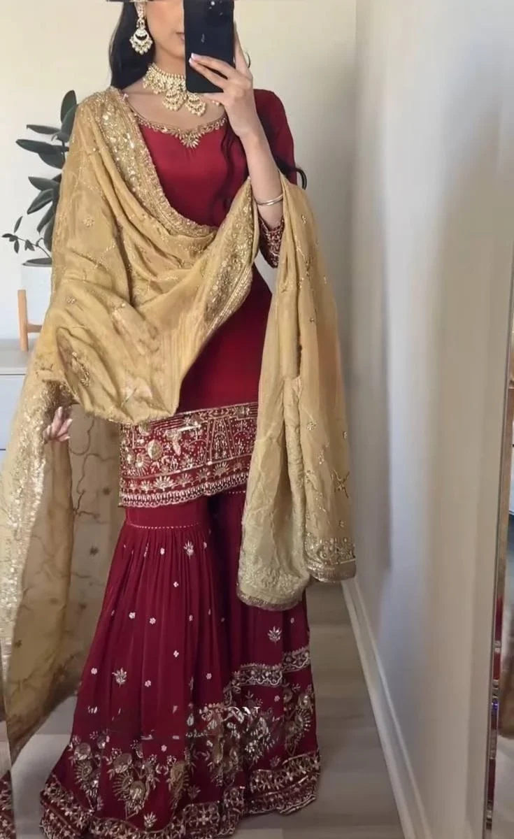 Red Party Wear Kurti With Palazzo Set