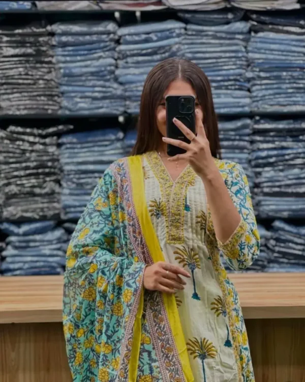 White Floral Print Cotton Suit Set