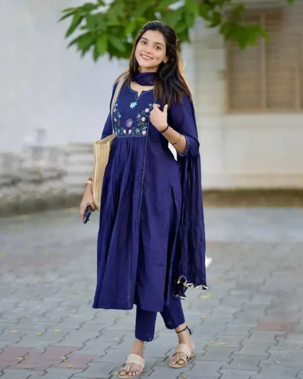 Flared Cotton Blue Kurti Pant Dupatta Set