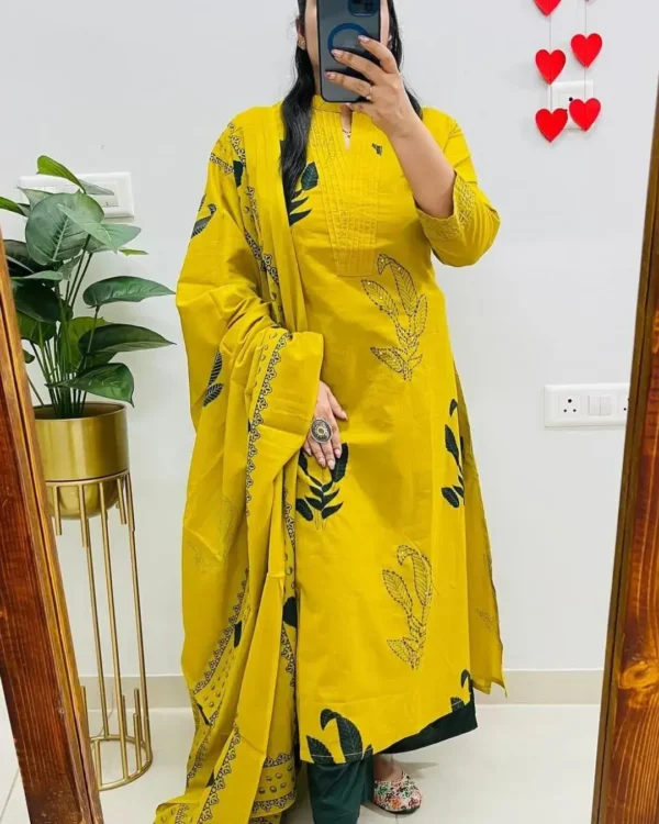Cotton Yellow Kurti Set With Dupatta Set