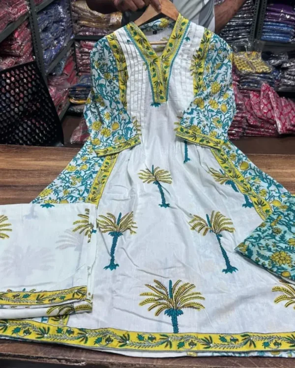 White Floral Print Cotton Suit Set