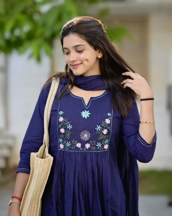 Flared Cotton Blue Kurti Pant Dupatta Set