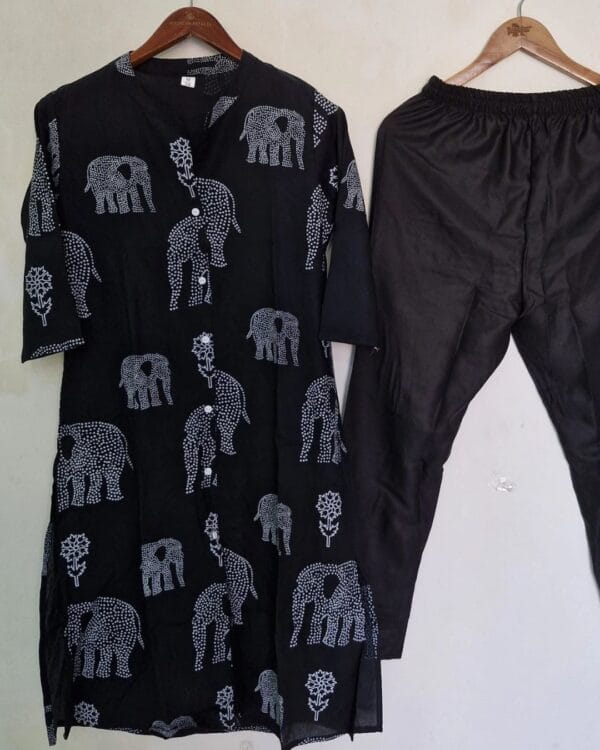 Rayon Black Printed Kurti Pant Set