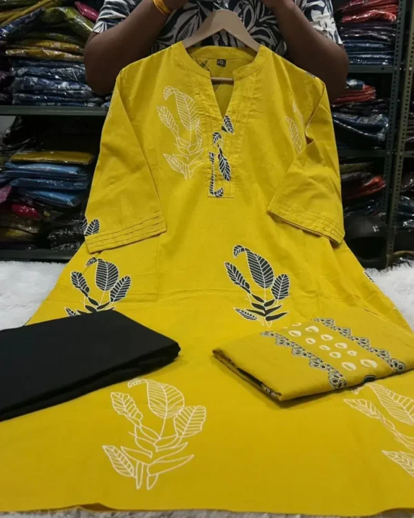 Cotton Yellow Kurti Set With Dupatta Set