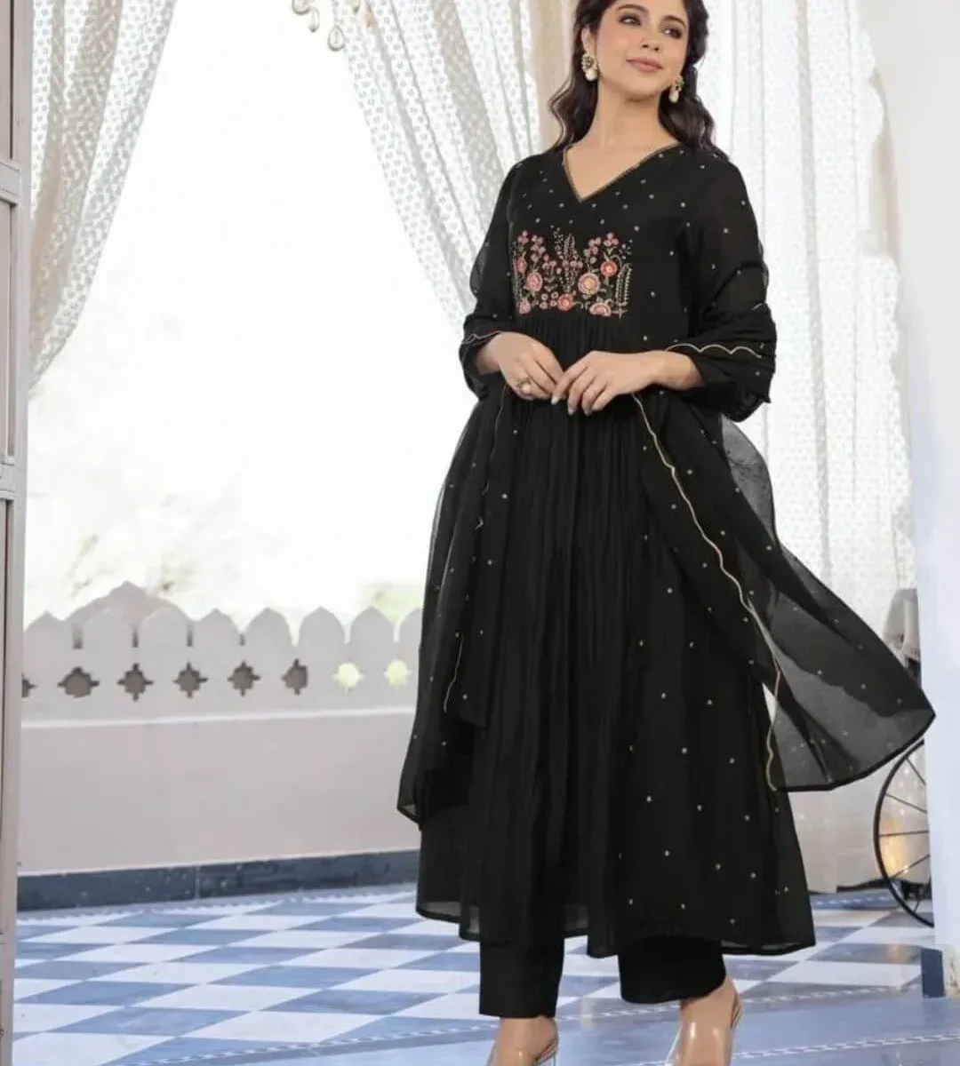 Black Cotton Anarkali Suit Set​