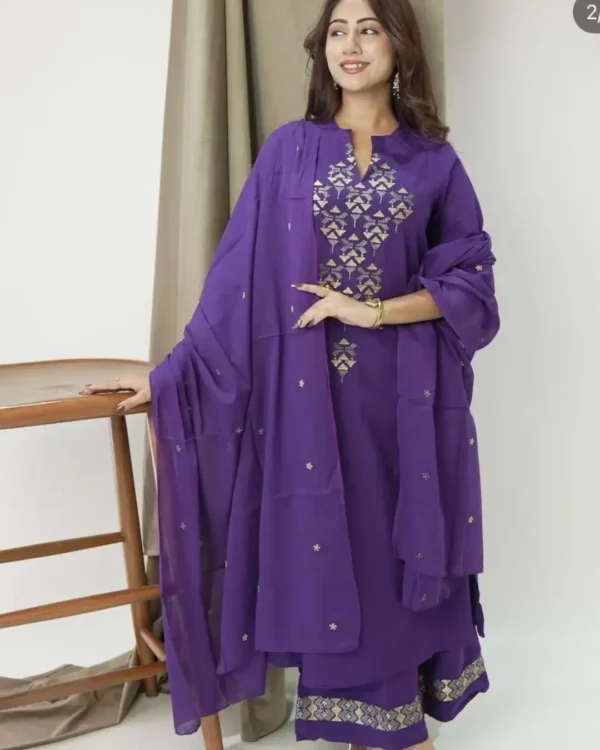Cotton Purple Kurti Set With Dupatta Set