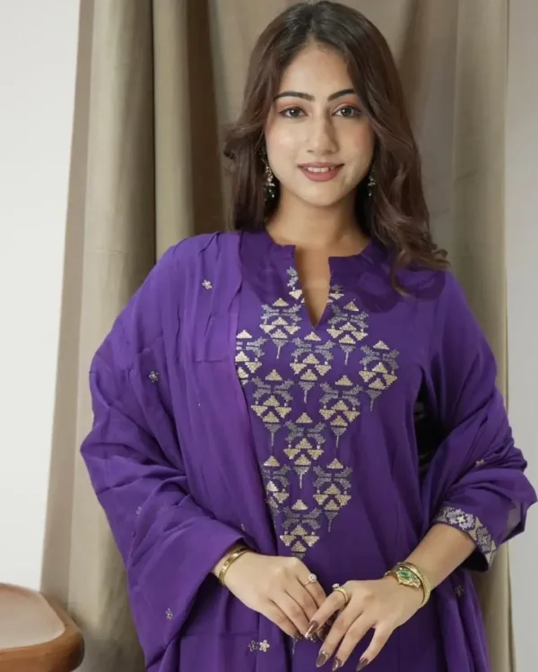 Cotton Purple Kurti Set With Dupatta Set front