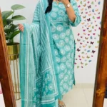 Blue Cotton Kurti Pant Dupatta Set