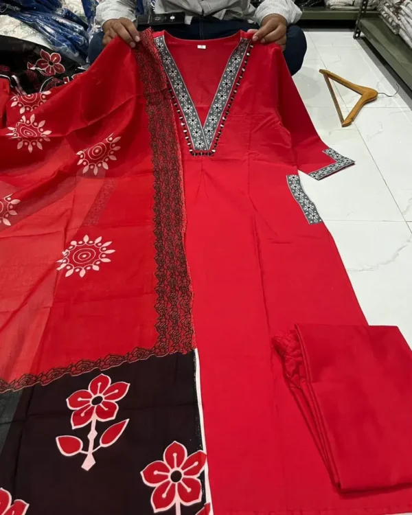 Flared Red Cotton Anarkali Suit Set 1