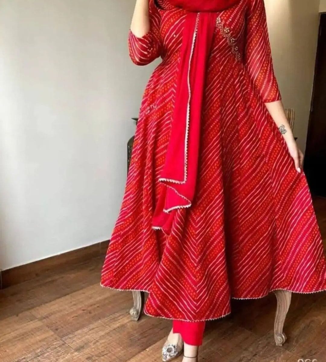 Flared Red Cotton Anarkali Suit Set