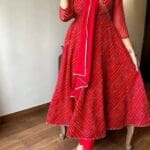 Flared Red Cotton Anarkali Suit Set
