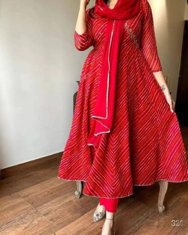 Flared Red Cotton Anarkali Suit Set