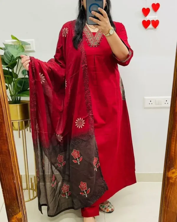 Flared Red Cotton Anarkali Suit Set
