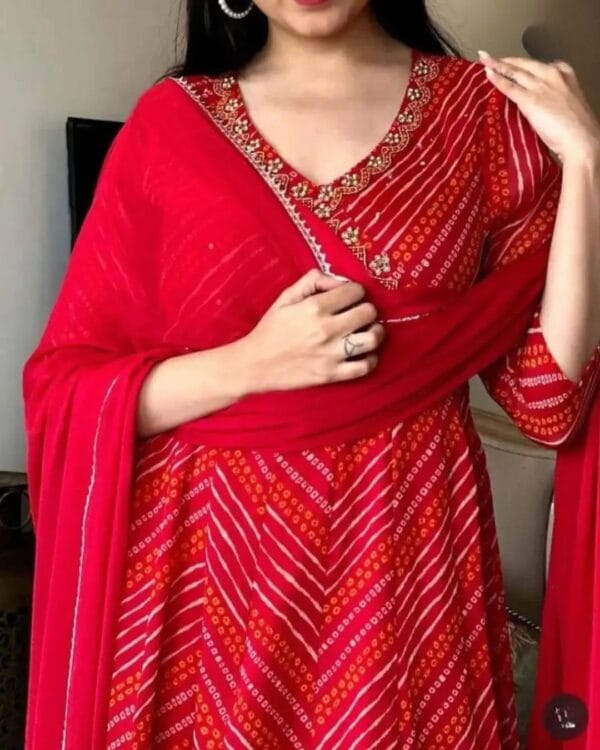 Flared Red Cotton Anarkali Suit Set Front