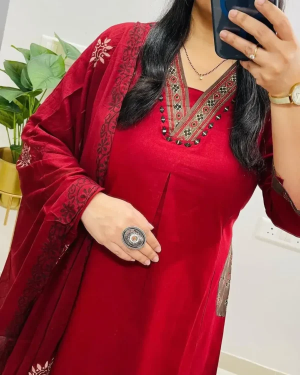 Flared Red Cotton Anarkali Suit Set Front