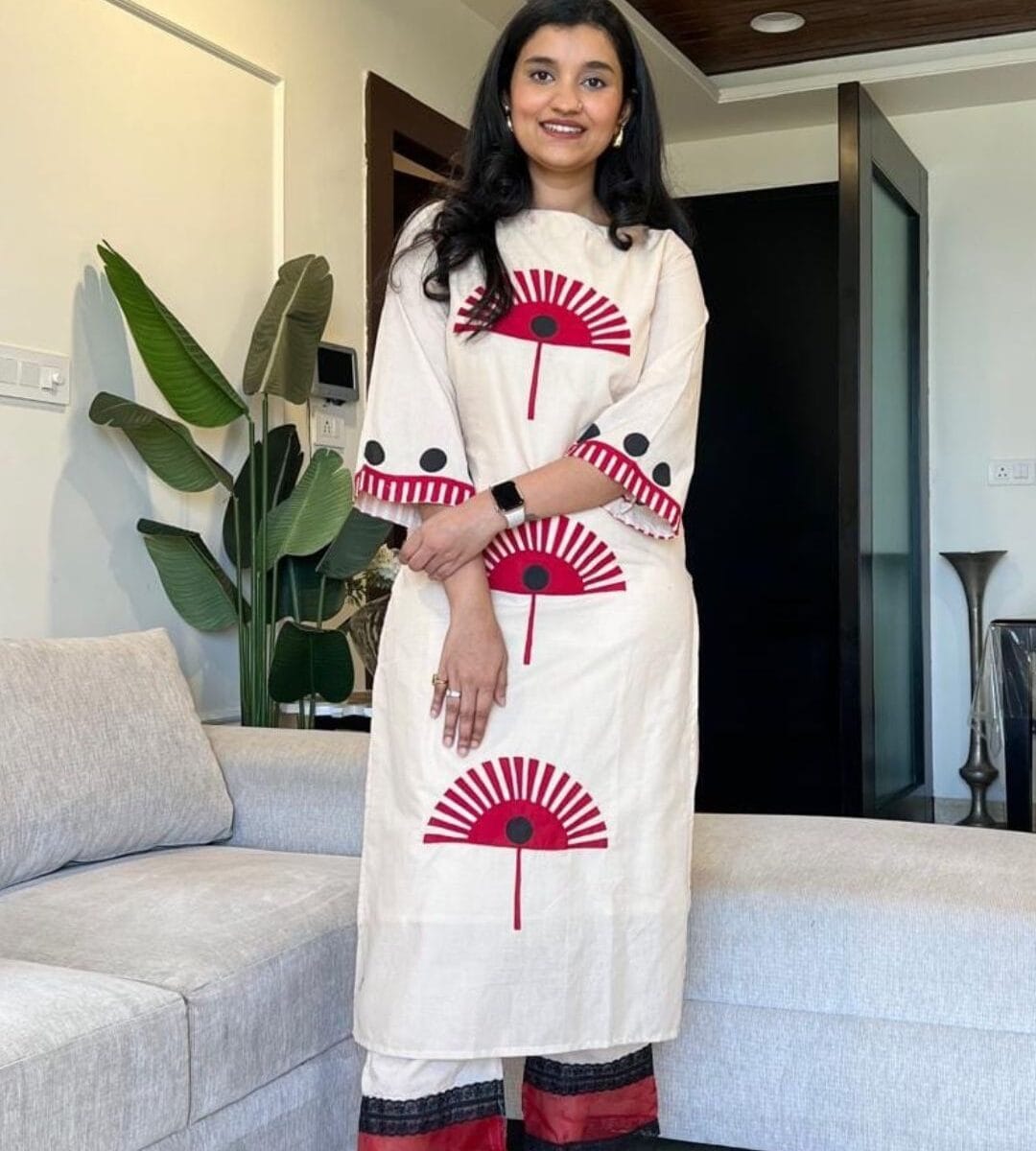 Flared White Cotton Kurti Pant Set