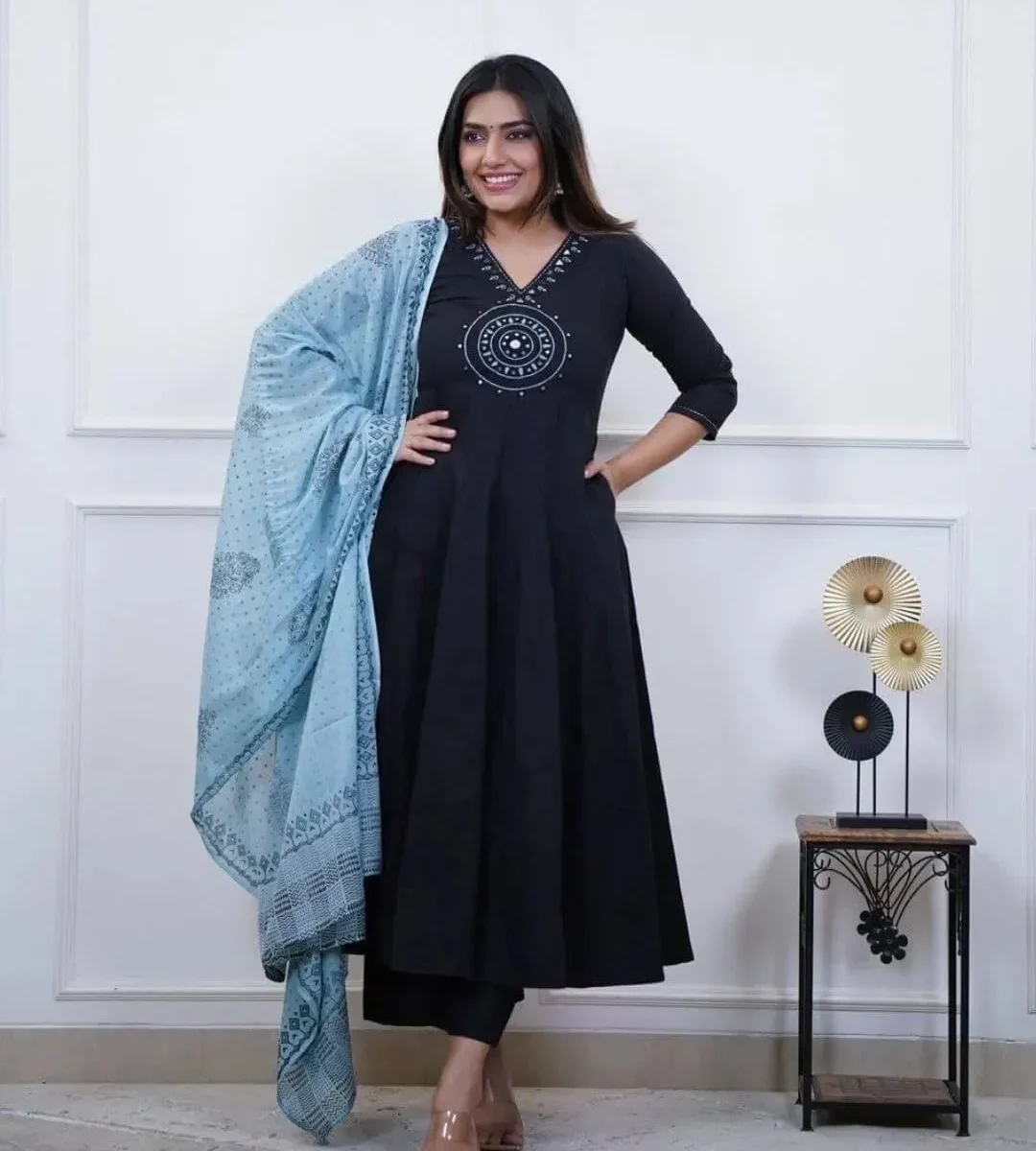 Floral Print Black Anarkali Suit For Women