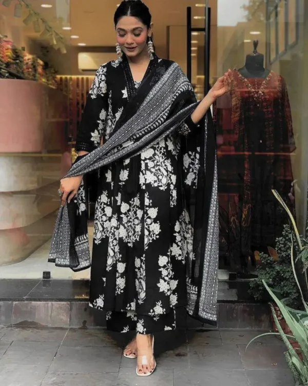 Floral Print Black Anarkali Suit For Women