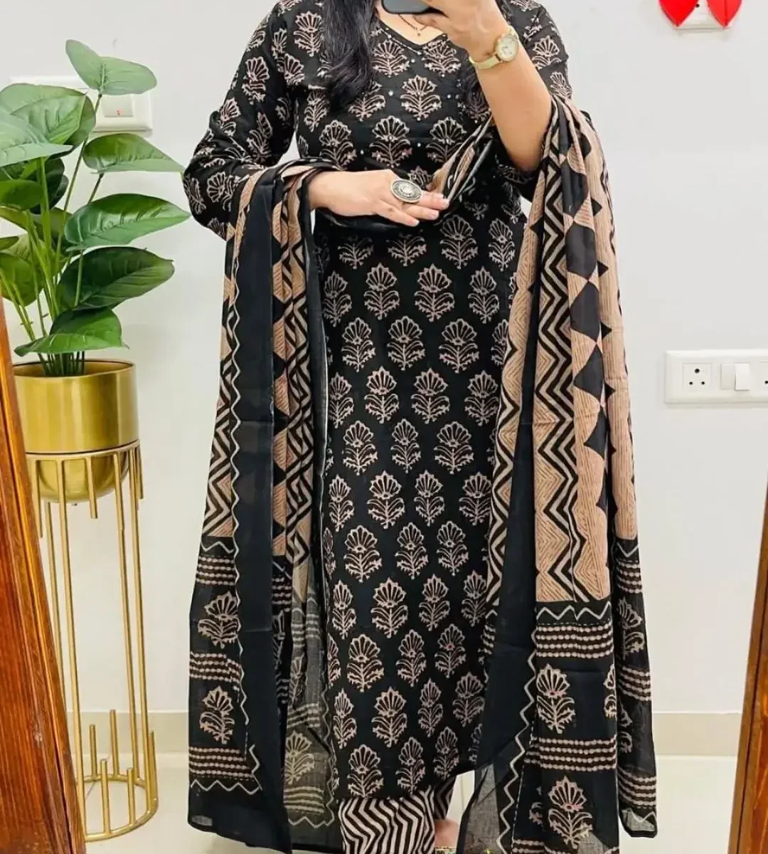 Floral Printed Black Cotton Suit Set (2)
