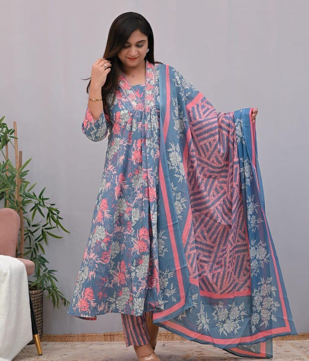 Floral Printed Cotton Kurti Pant Dupatta Set