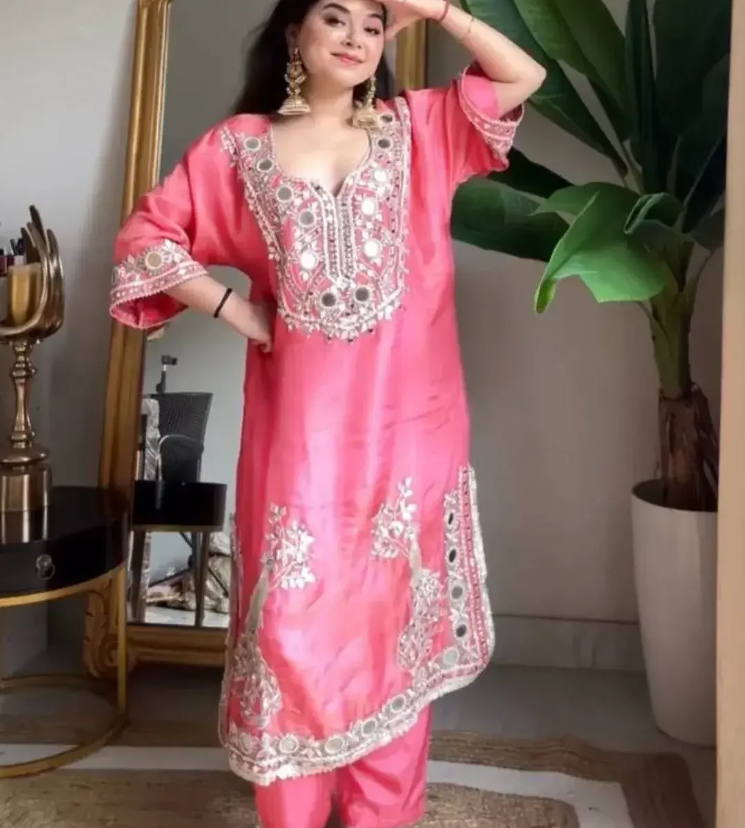 Pink Mirror Work Party Wear Suit Set