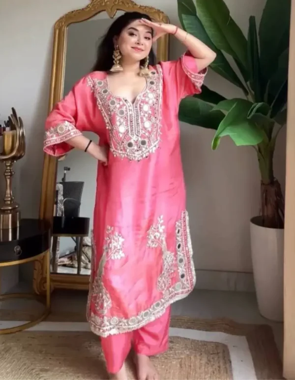 Pink Mirror Work Party Wear Suit Set