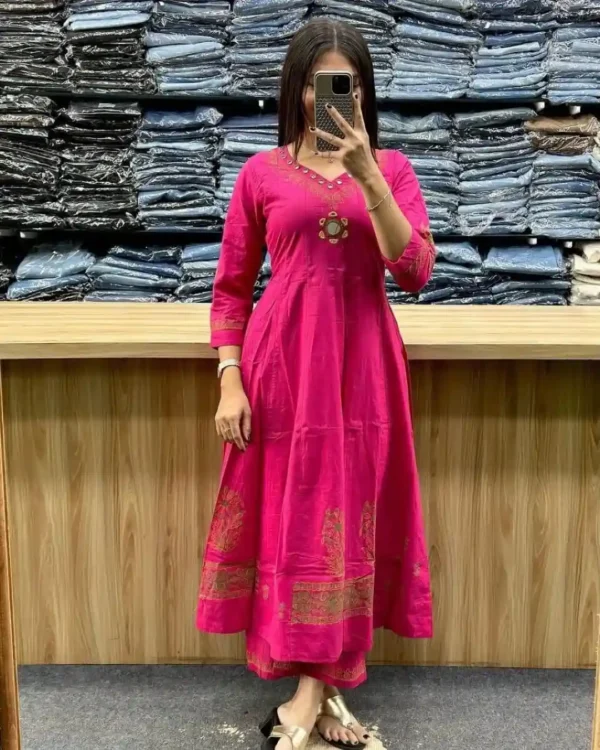 Pink Cotton Kurti Pant Set Front