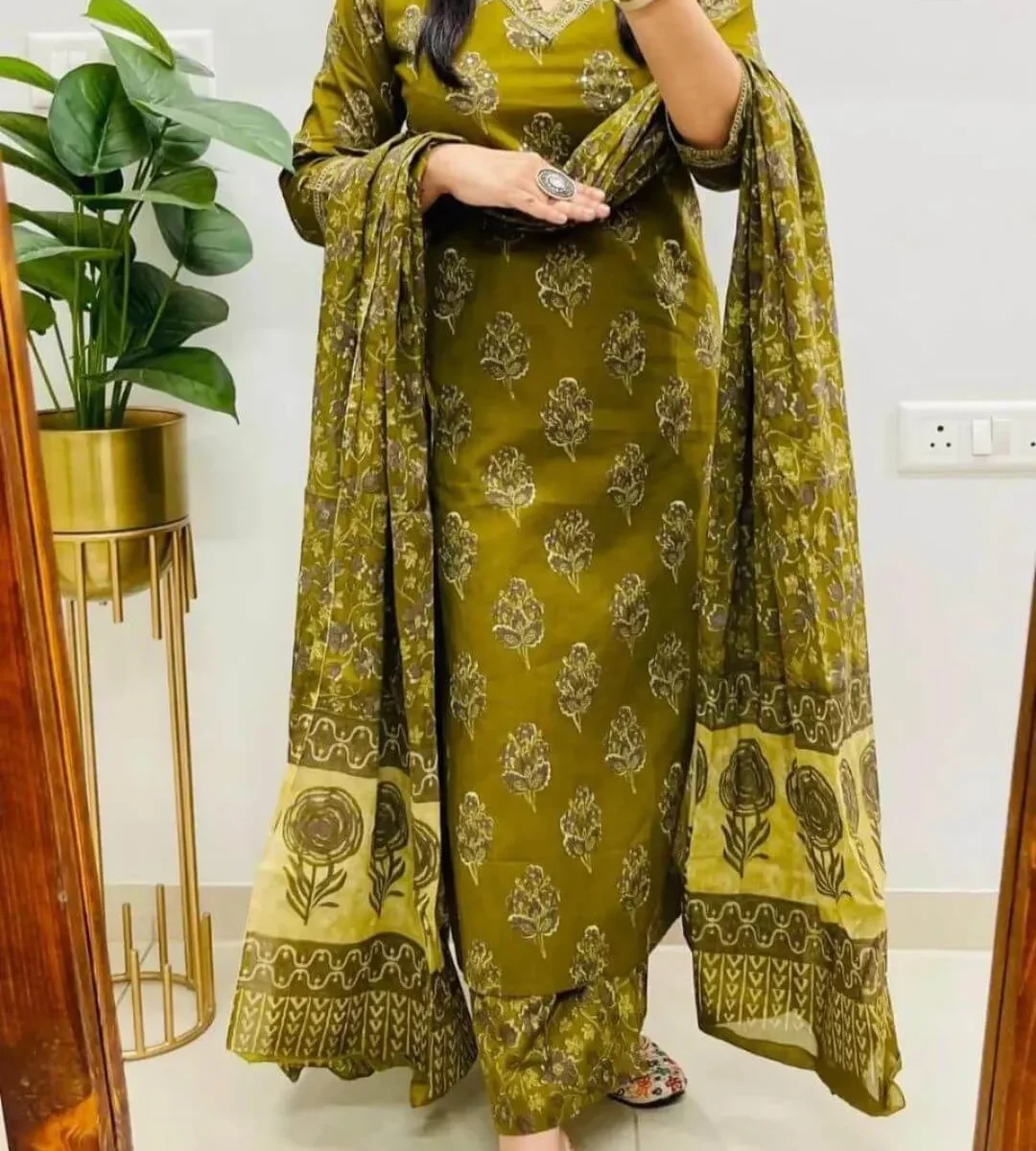 Cotton Mehndi Green Suit Set