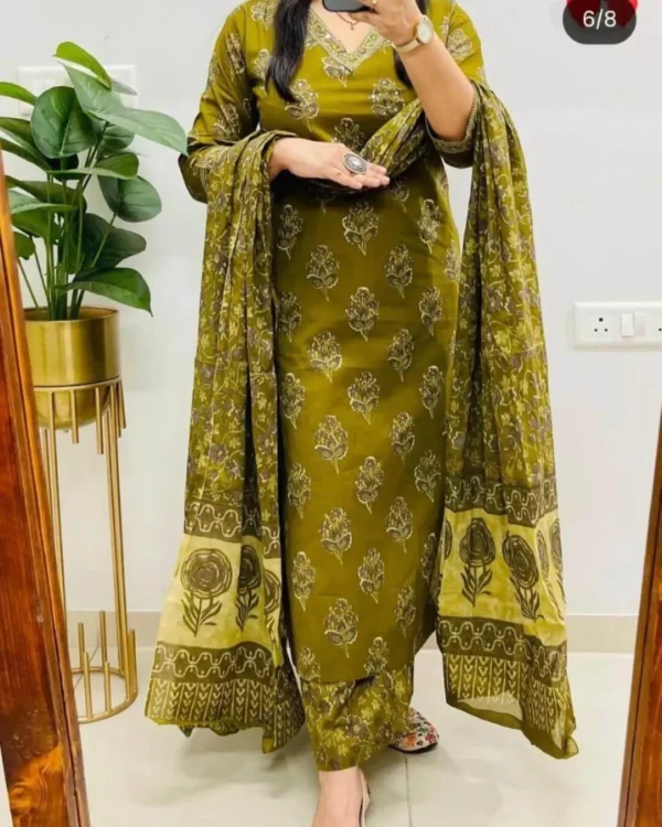Cotton Mehndi Green Suit Set