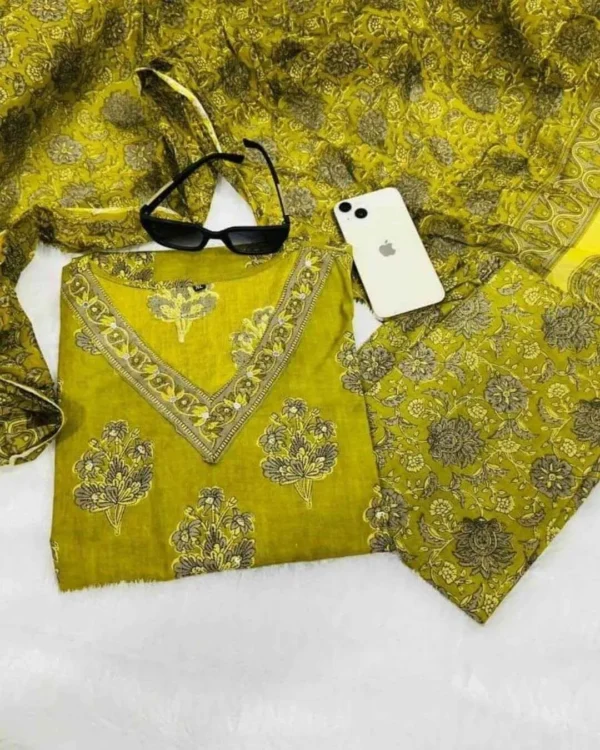 Cotton Mehndi Green Suit Set