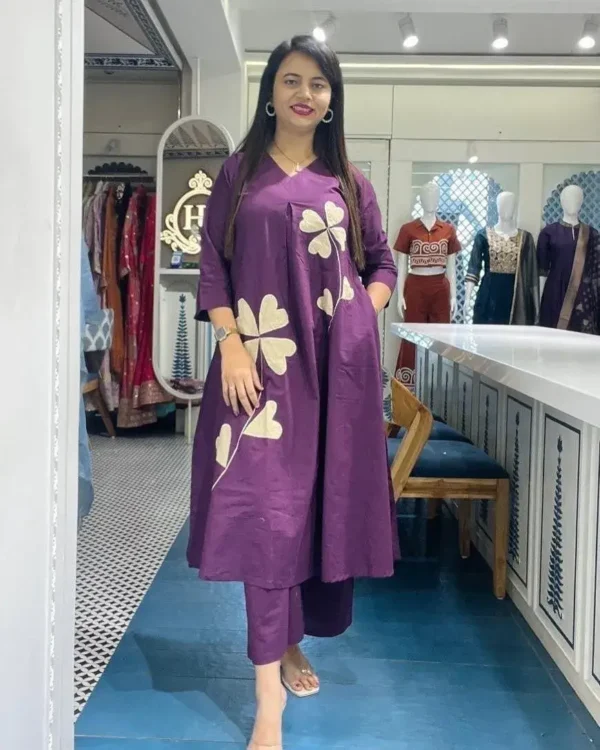 Purple Cotton Office Wear Kurti Pant Set