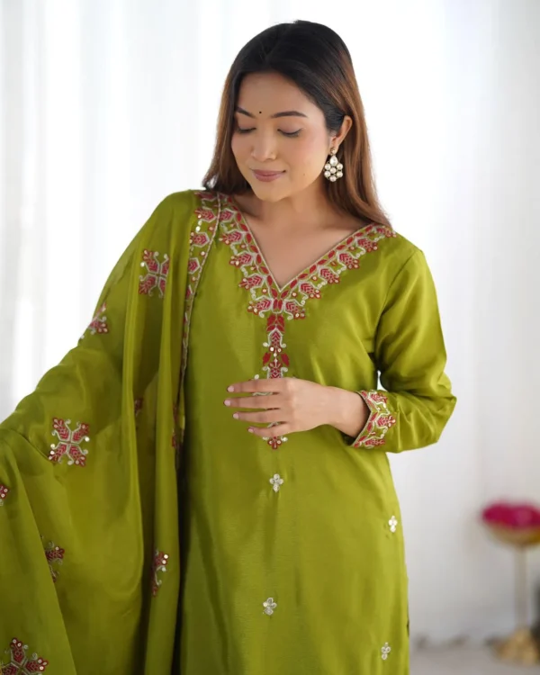 Chinnon Silk Party Wear Parrot Green Suit Set