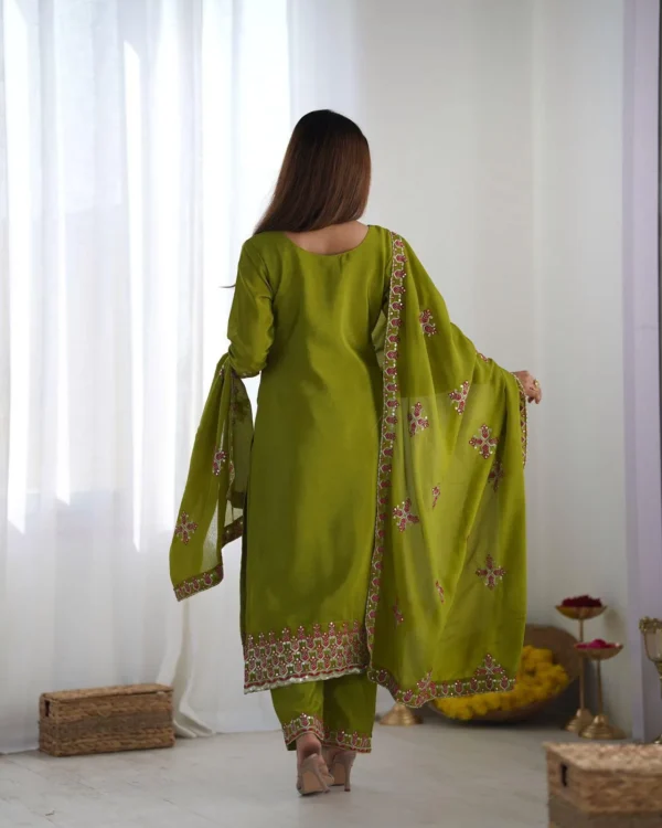 Chinnon Silk Party Wear Parrot Green Suit Set