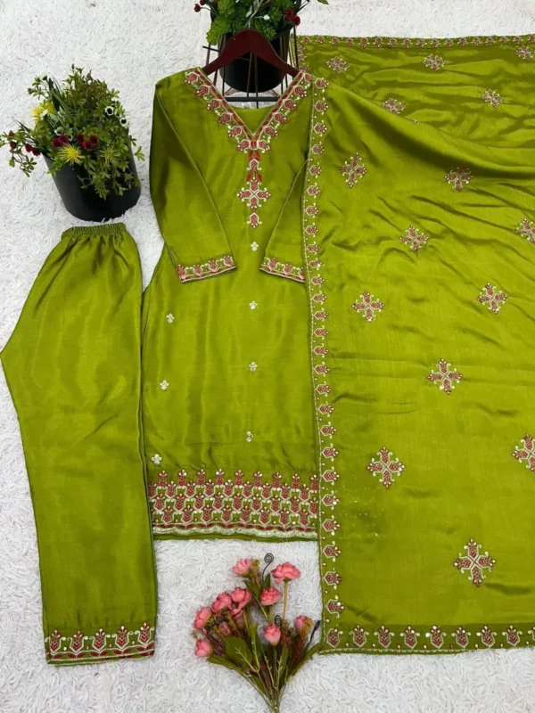 Chinnon Silk Party Wear Parrot Green Suit Set