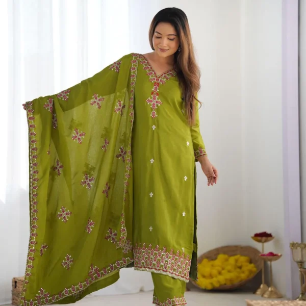 Chinnon Silk Party Wear Parrot Green Suit Set