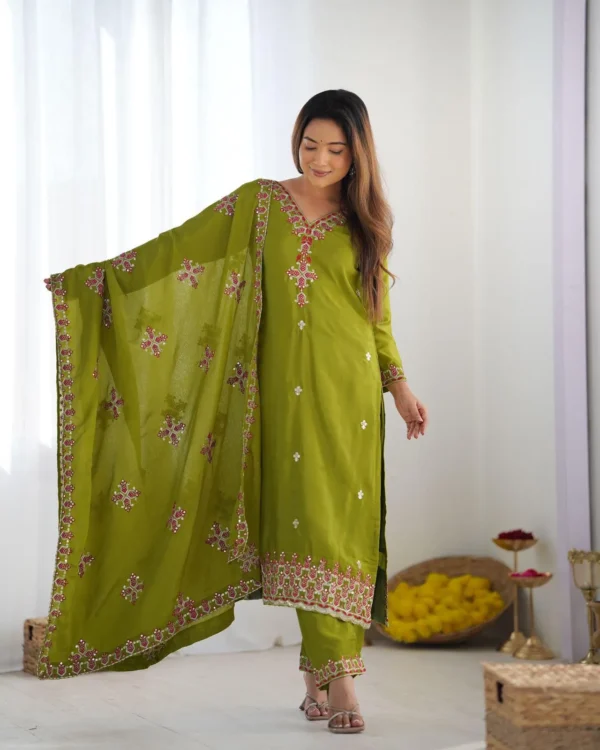Chinnon Silk Party Wear Parrot Green Suit Set
