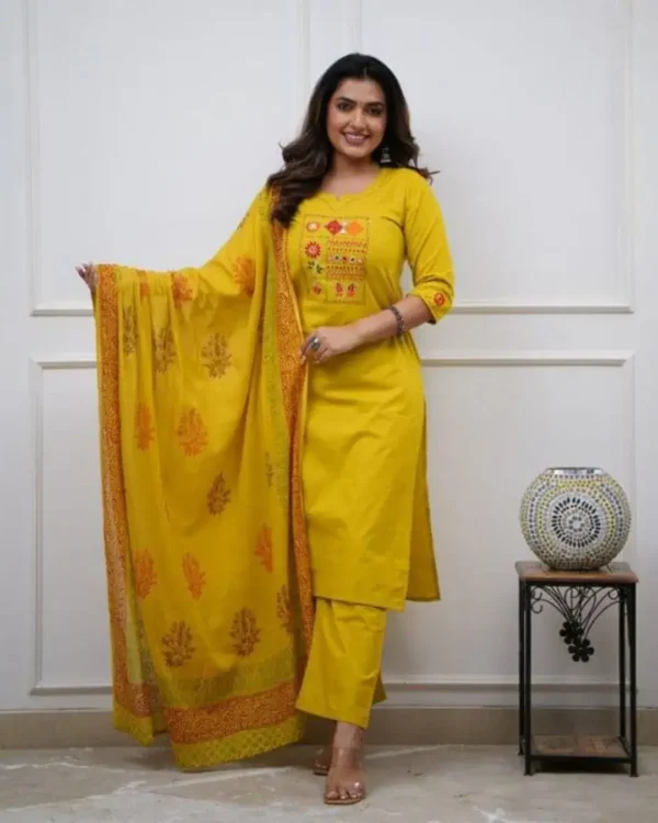 Yellow Cotton Kurti Pant Dupatta Set 1