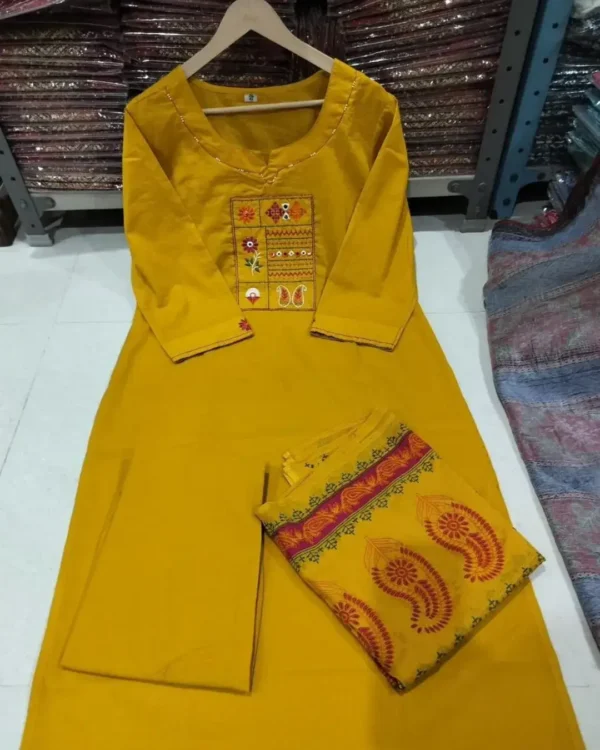 Yellow Cotton Kurti Pant Dupatta Set 2